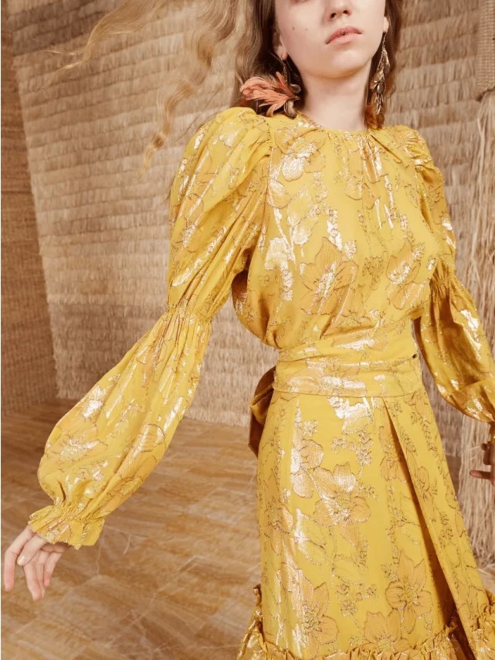 ULLA JOHNSON Aster Silk Jacquard Metallic Floral Sheer Blouse \\ 0